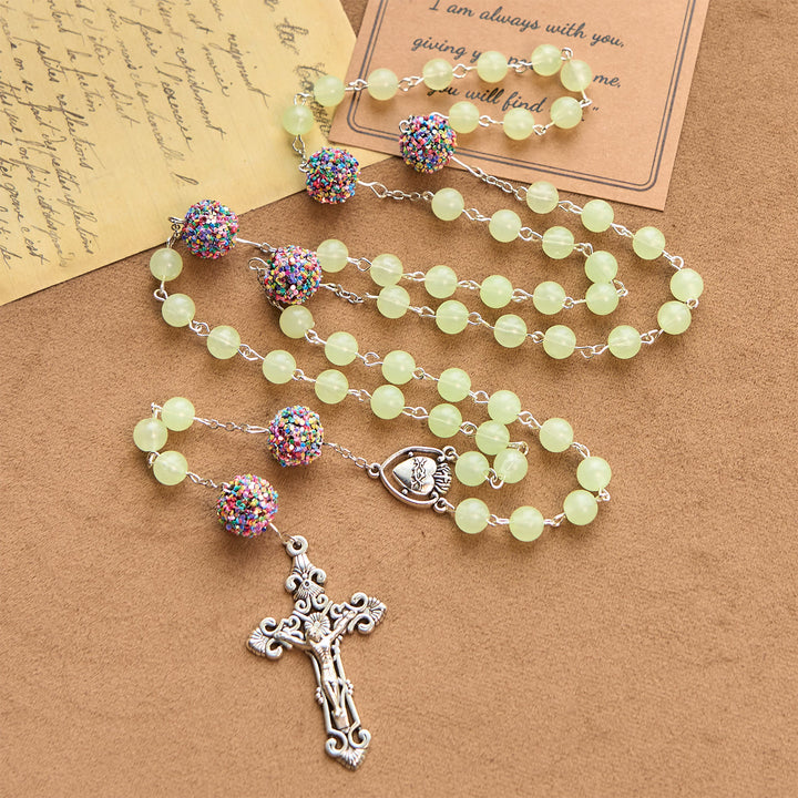 FREE Today: Luminous Light Green Beads and Multicolor Rhinestone Rosary with Metal Sacred Heart & Crucifix