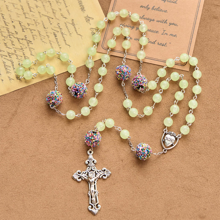 FREE Today: Luminous Light Green Beads and Multicolor Rhinestone Rosary with Metal Sacred Heart & Crucifix