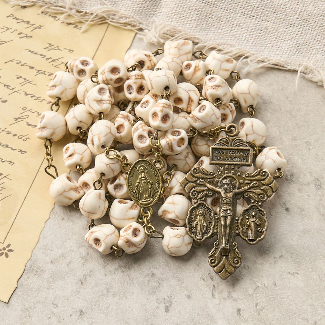 FREE Today: Saint Benedict & Crucifix of 8 mm White Pine Skull Alloy Chain Rosary Necklace  - image 1