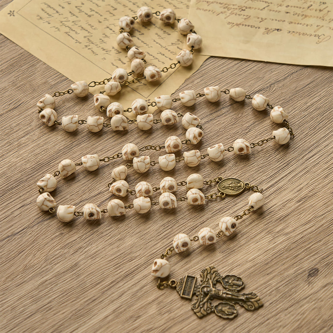 FREE Today: Saint Benedict & Crucifix of 8 mm White Pine Skull Alloy Chain Rosary Necklace  - image 2
