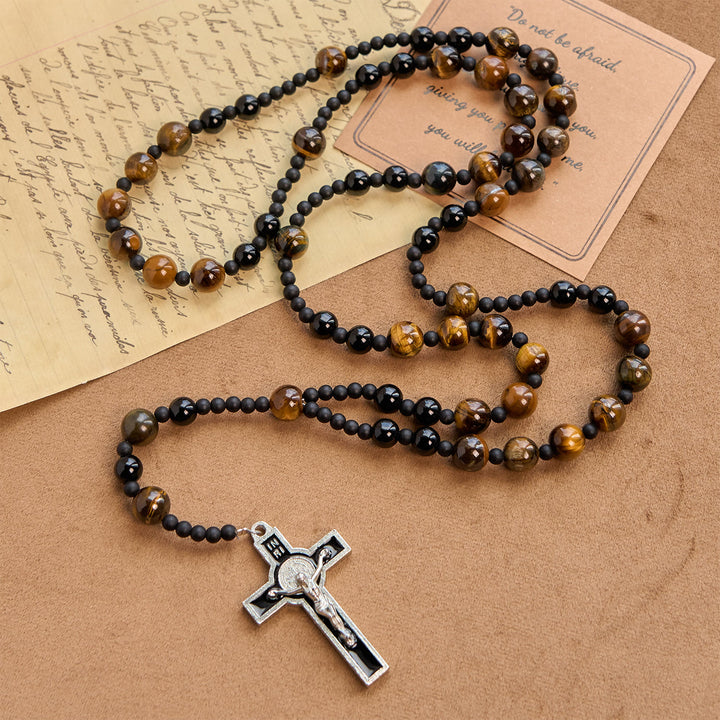 FREE Today: 10mm Tiger's Eye Stone Beads Rosary with Black Enamel Crucifix: Embrace Earthy Sacredness