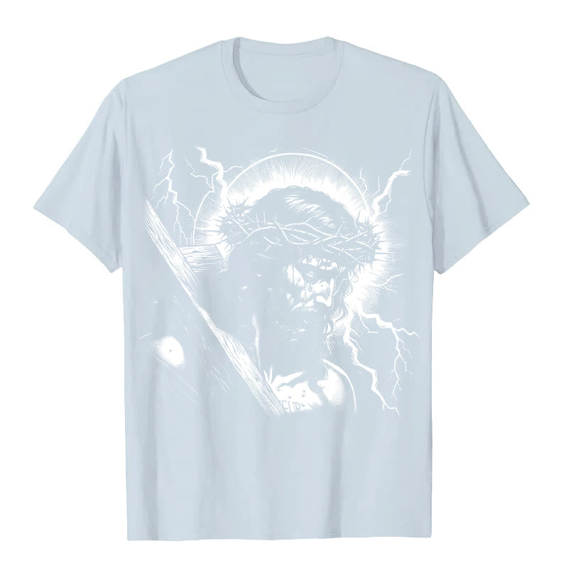 Christianartworkshop Jesus Holding Cross Vintage 90s Graphic T-shirt - Blue - 2XL - image 7