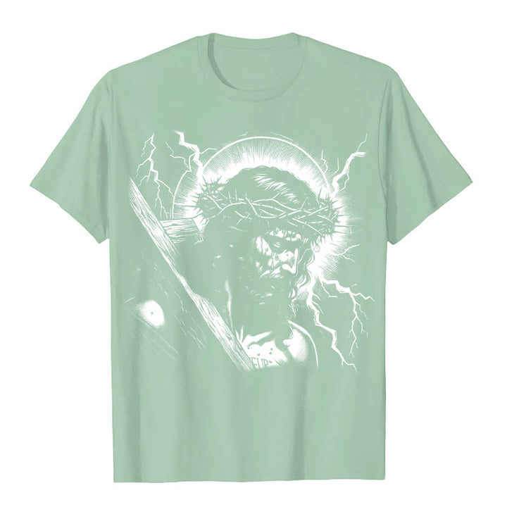 Christianartworkshop Jesus Holding Cross Vintage 90s Graphic T-shirt - Light Green - 2XL - image 5
