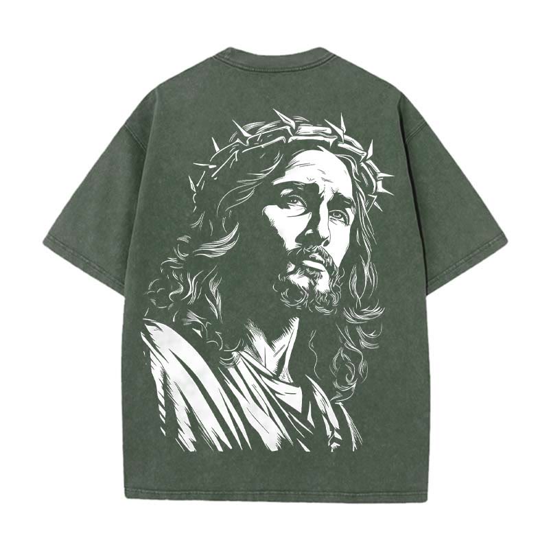 Christianartworkshop Vintage Style Jesus Christ Unisex Washed T-shirt - Army Green - 5XL - image 1