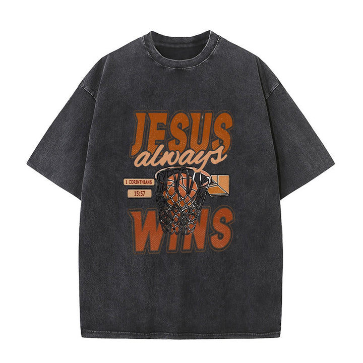 Christianartworkshop Jesus Always Wins Basketball Graphic Unisex Washed T-shirt - Black - 5XL - image 9