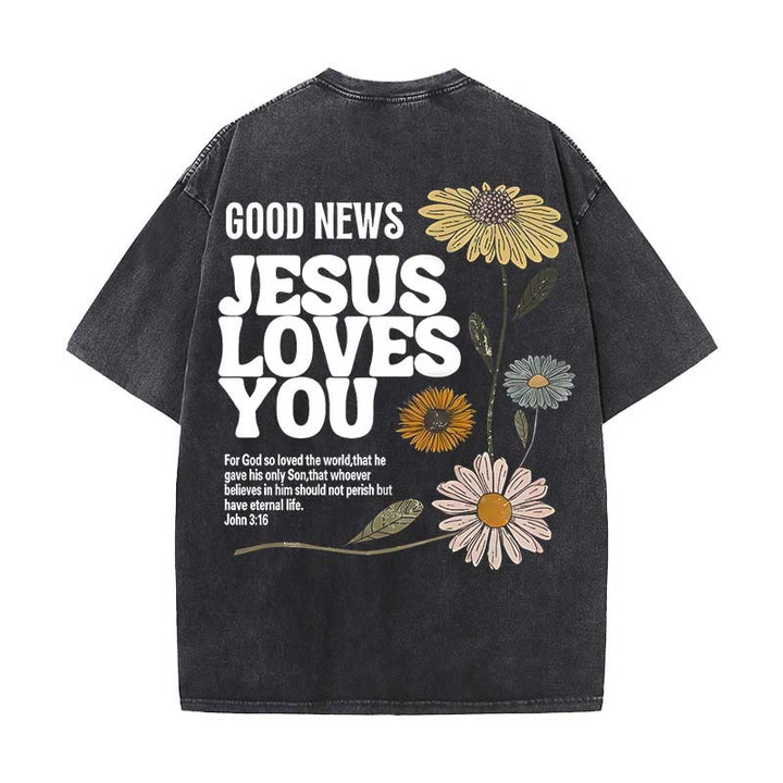Christianartworkshop Good News Jesus Loves You Unisex Washed T-shirt - Black - 5XL - image 4