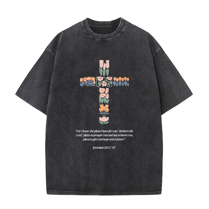 Christianartworkshop Floral Cross with Jeremiah Verse Unisex Washed T-shirt - Black - 5XL - image 1