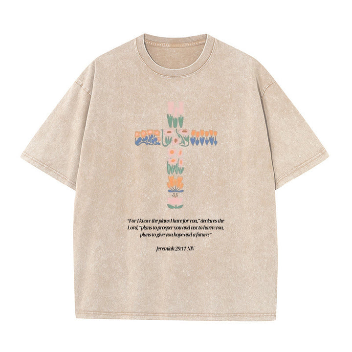 Christianartworkshop Floral Cross with Jeremiah Verse Unisex Washed T-shirt - Apricot - 5XL - image 4