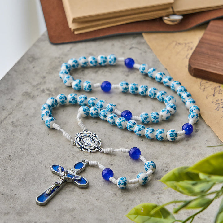 Christianartworkshop Blue Blossom Pattern Beads Rosary with Miraculous Medal & Crucifix: Treasure Blessed Devotion - image 5