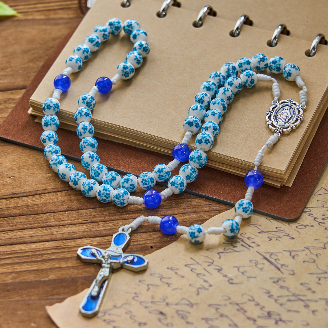 Christianartworkshop Blue Blossom Pattern Beads Rosary with Miraculous Medal & Crucifix: Treasure Blessed Devotion - image 3