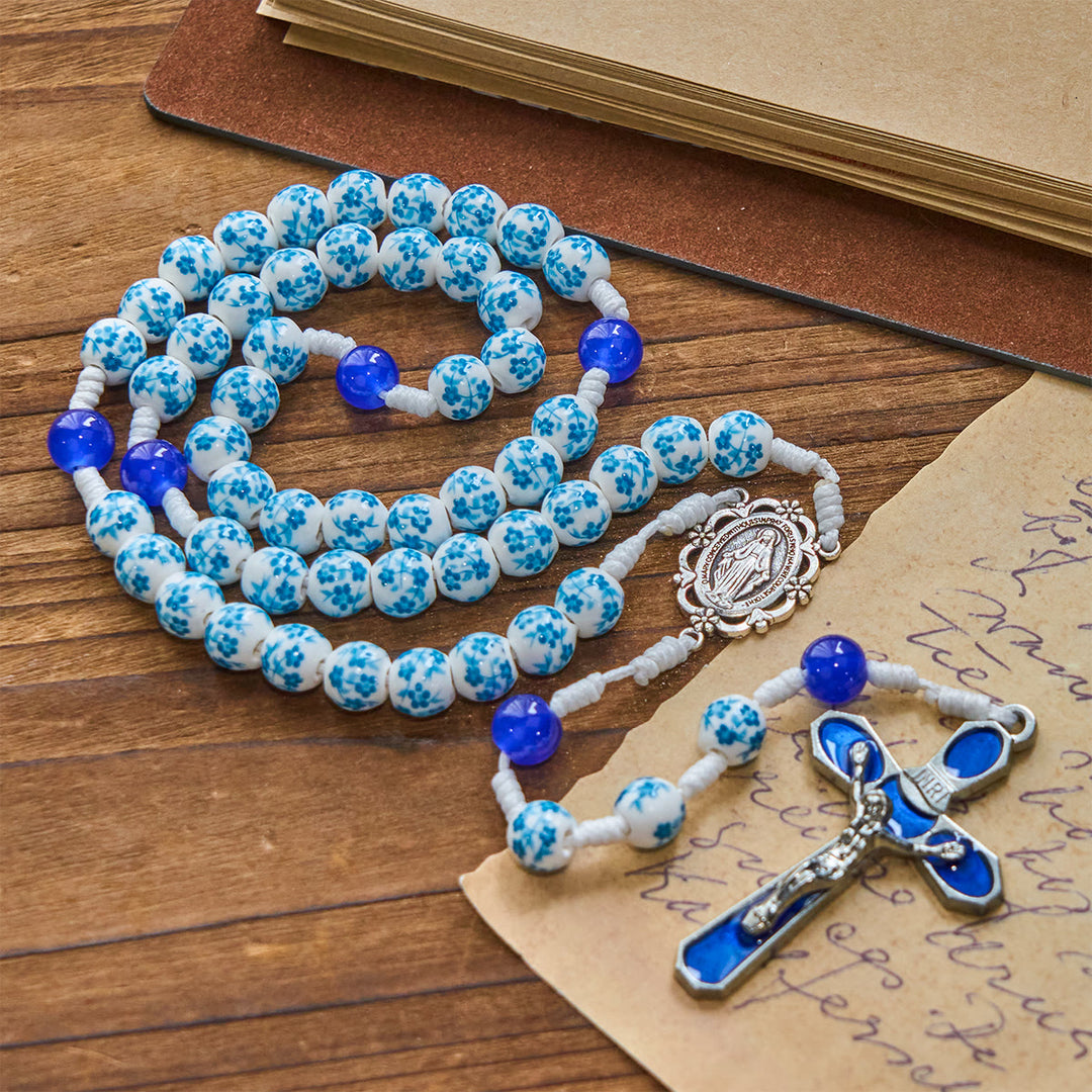 Christianartworkshop Blue Blossom Pattern Beads Rosary with Miraculous Medal & Crucifix: Treasure Blessed Devotion - image 4
