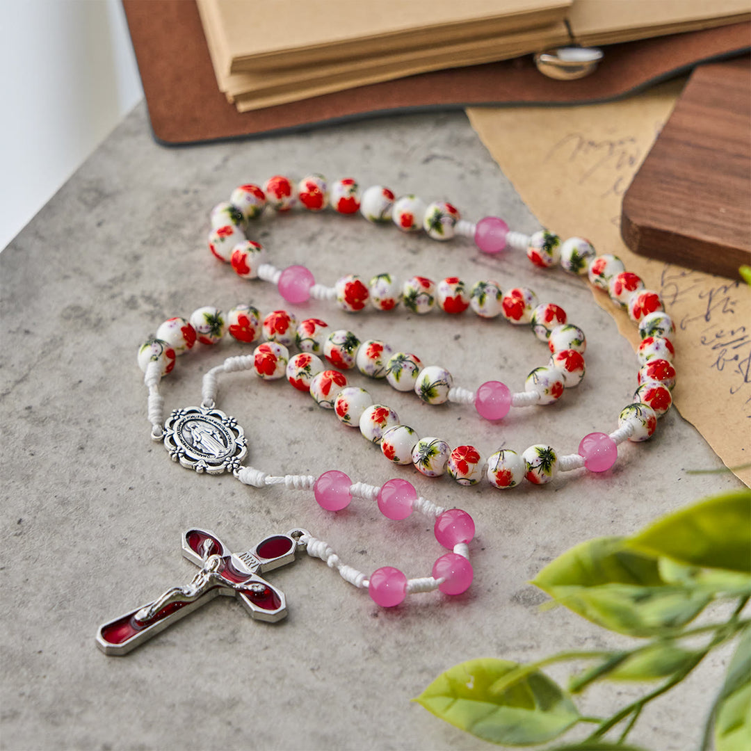 Christianartworkshop 8mm Round Flower Beads Rosary with Miraculous Medal & Red Enamel Crucifix - image 4