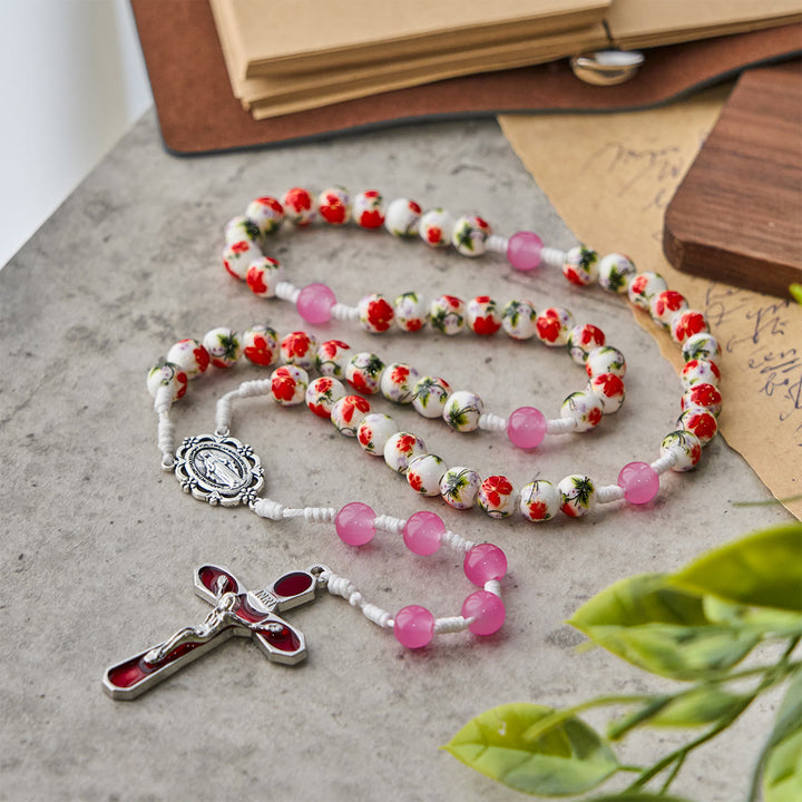 Christianartworkshop 8mm Round Flower Beads Rosary with Miraculous Medal & Red Enamel Crucifix - image 4
