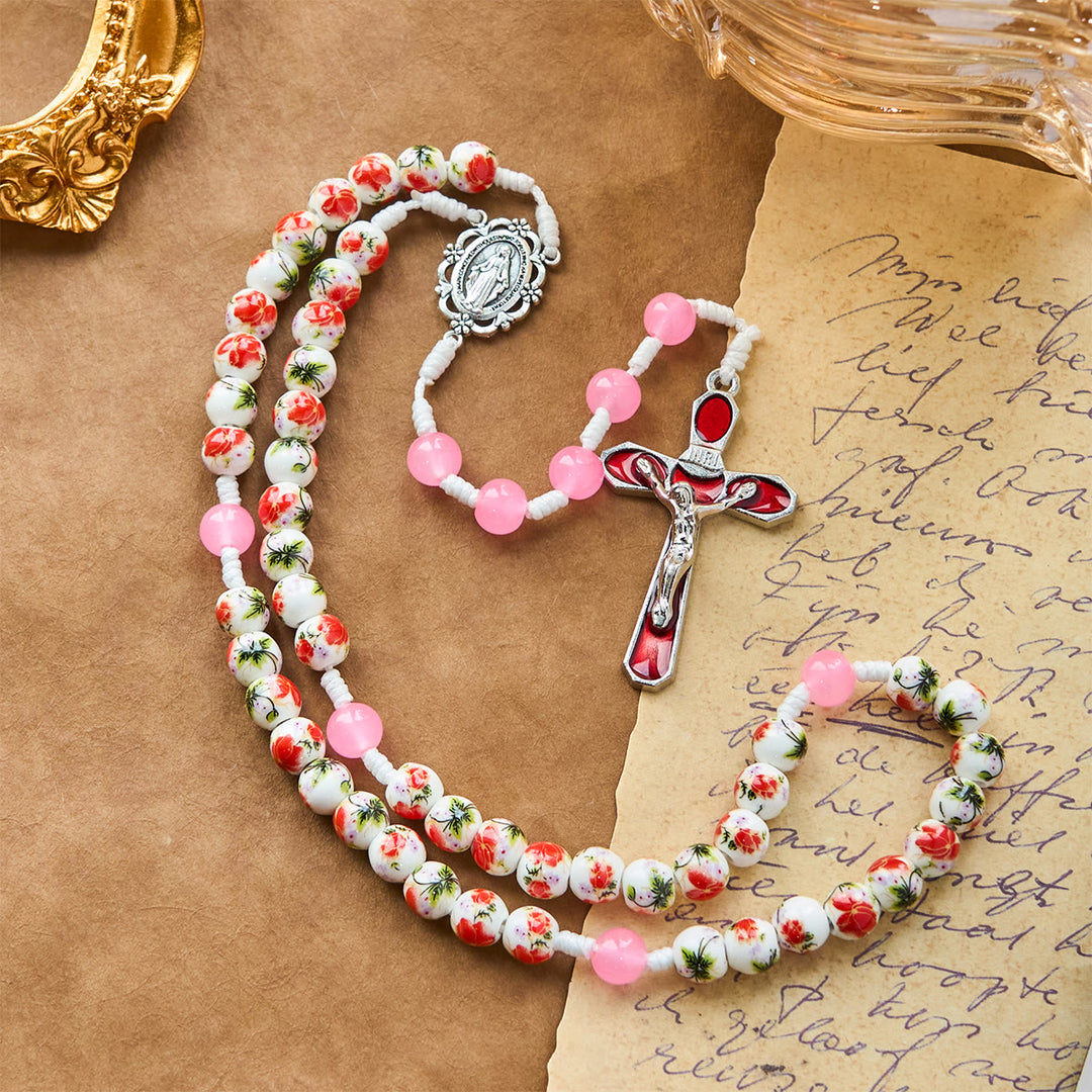 Christianartworkshop 8mm Round Flower Beads Rosary with Miraculous Medal & Red Enamel Crucifix - image 5