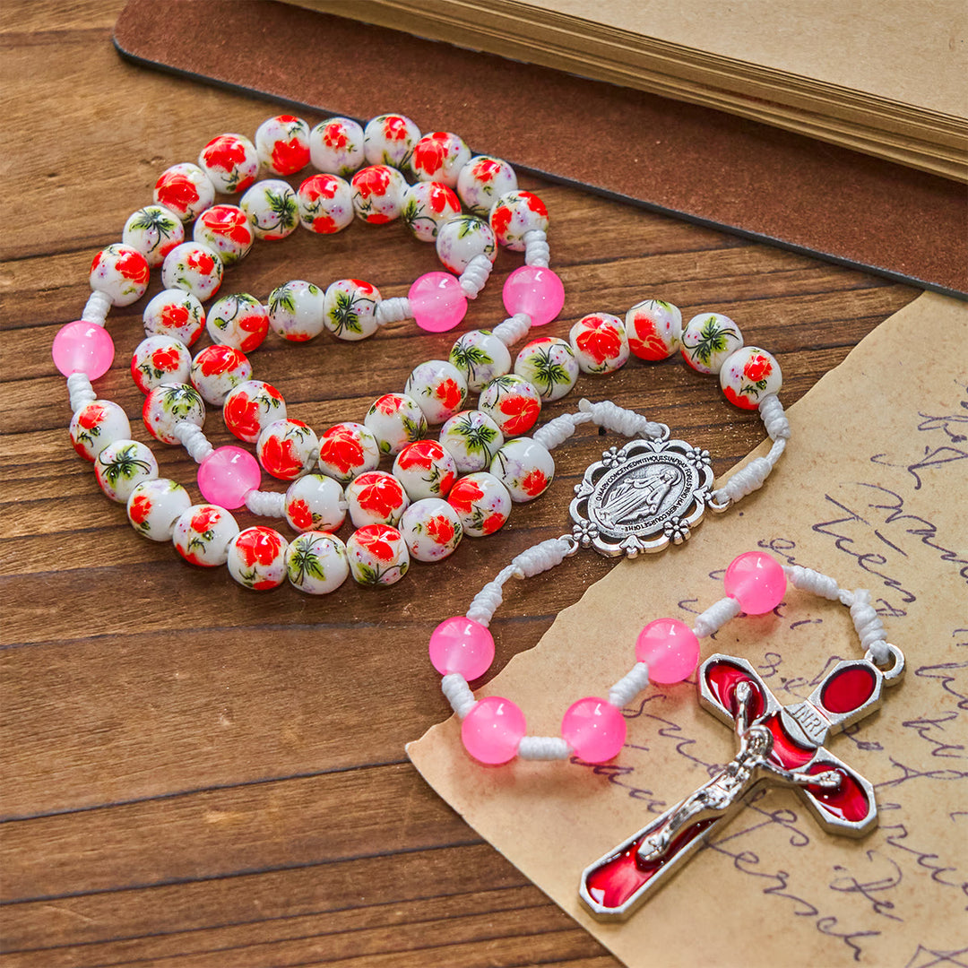Christianartworkshop 8mm Round Flower Beads Rosary with Miraculous Medal & Red Enamel Crucifix - image 3