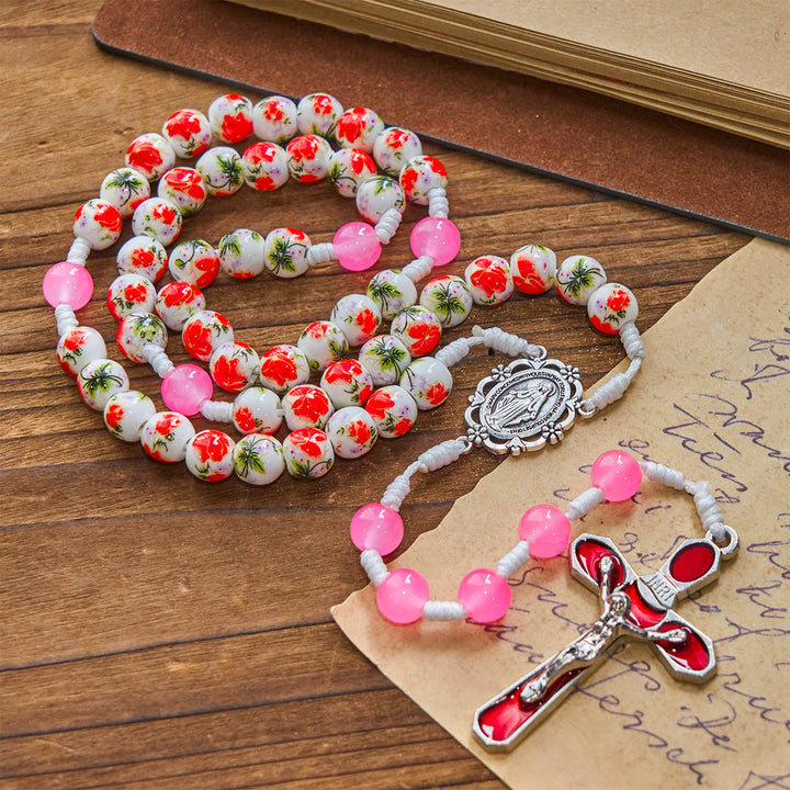 Christianartworkshop 8mm Round Flower Beads Rosary with Miraculous Medal & Red Enamel Crucifix - image 3
