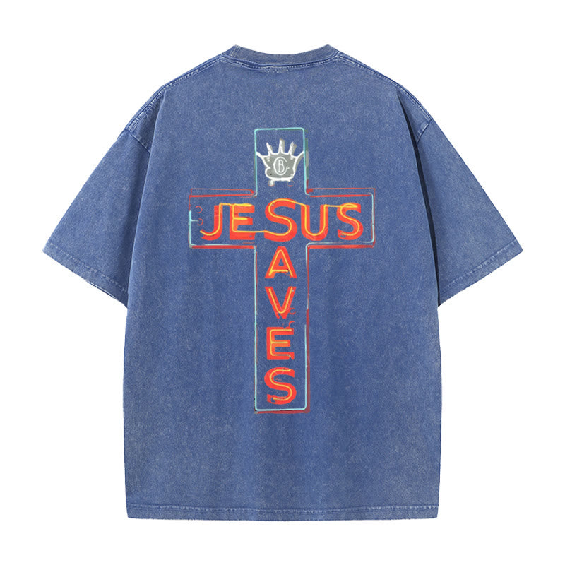 Christianartworkshop Jesus Saves Cross Graphic T-Shirt - Blue - 5XL - image 1