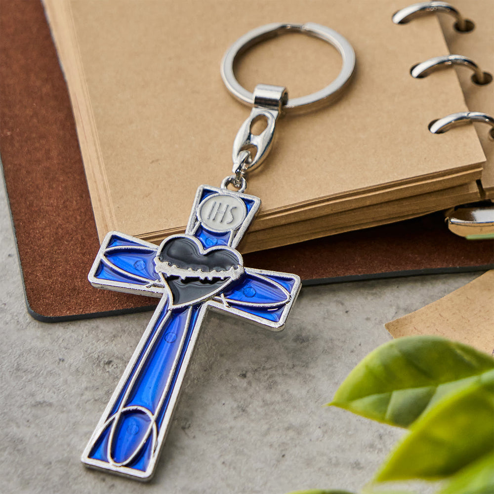 Christianartworkshop Sacred Heart & Pax Cross Enamel Tricolor Keychain: Timeless Spiritual Design - Blue Cross - image 2