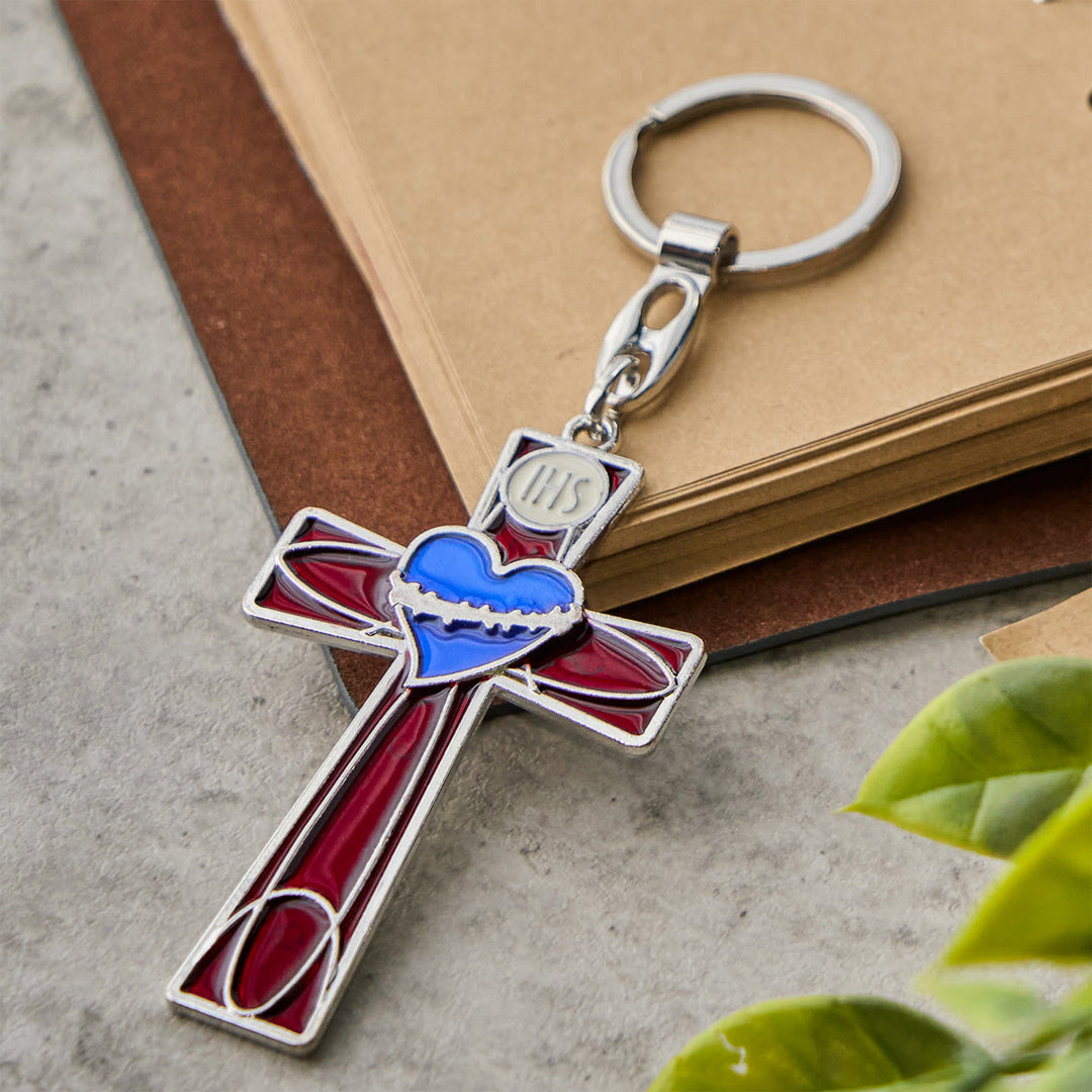 Christianartworkshop Sacred Heart & Pax Cross Enamel Tricolor Keychain: Timeless Spiritual Design - Red Cross - image 1