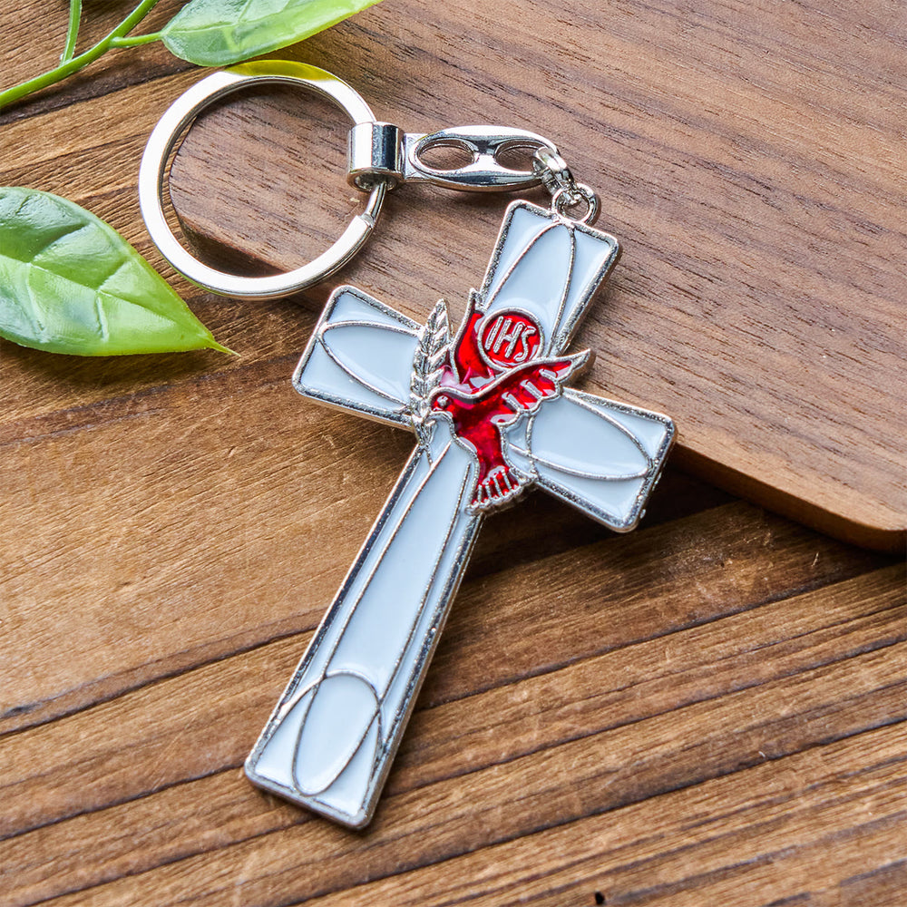Christianartworkshop IHS Holy Spirit Dove Cross Keychain: Two Color Styles, Peaceful Enamel Art - White Cross - image 2