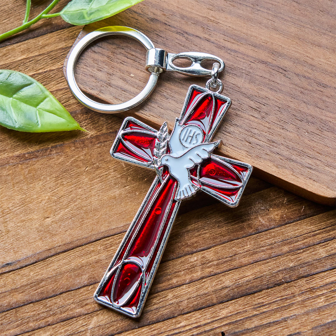 Christianartworkshop IHS Holy Spirit Dove Cross Keychain: Two Color Styles, Peaceful Enamel Art - Red Cross - image 1