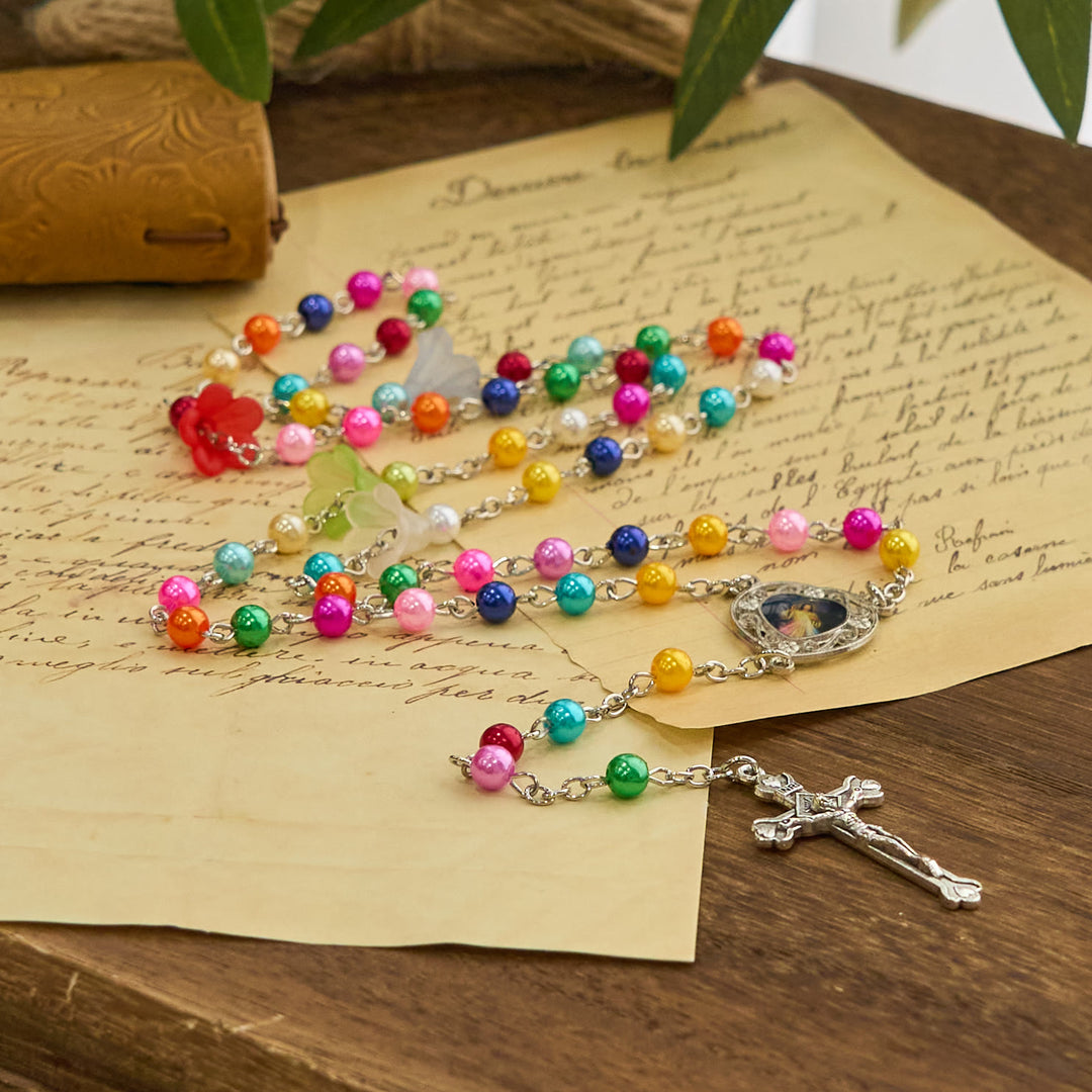 Christianartworkshop Artisan Vibrant Colorful Rainbow Beads Rosary with Divine Mercy Medal and Lily Accent