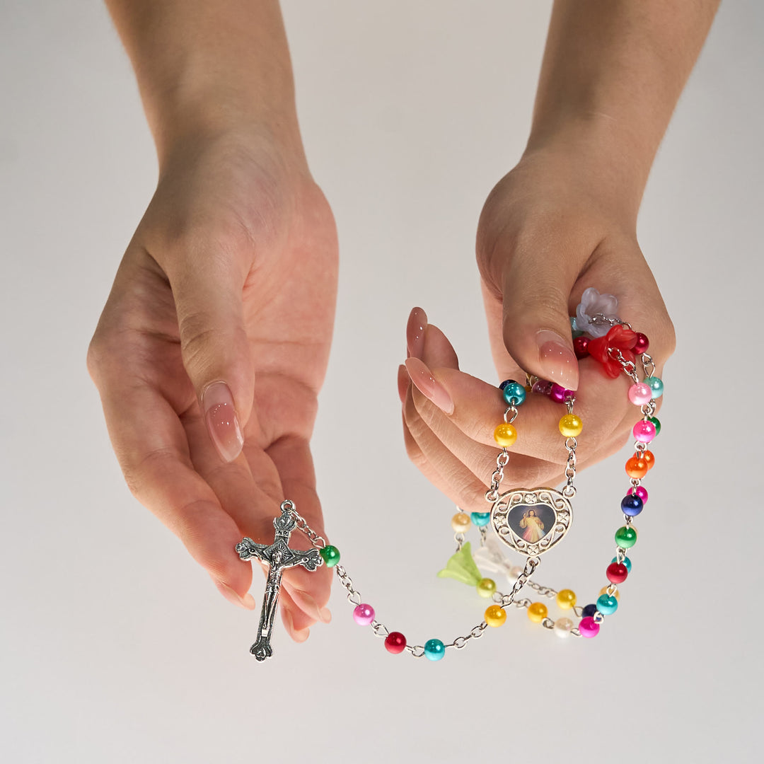 Christianartworkshop Artisan Vibrant Colorful Rainbow Beads Rosary with Divine Mercy Medal and Lily Accent