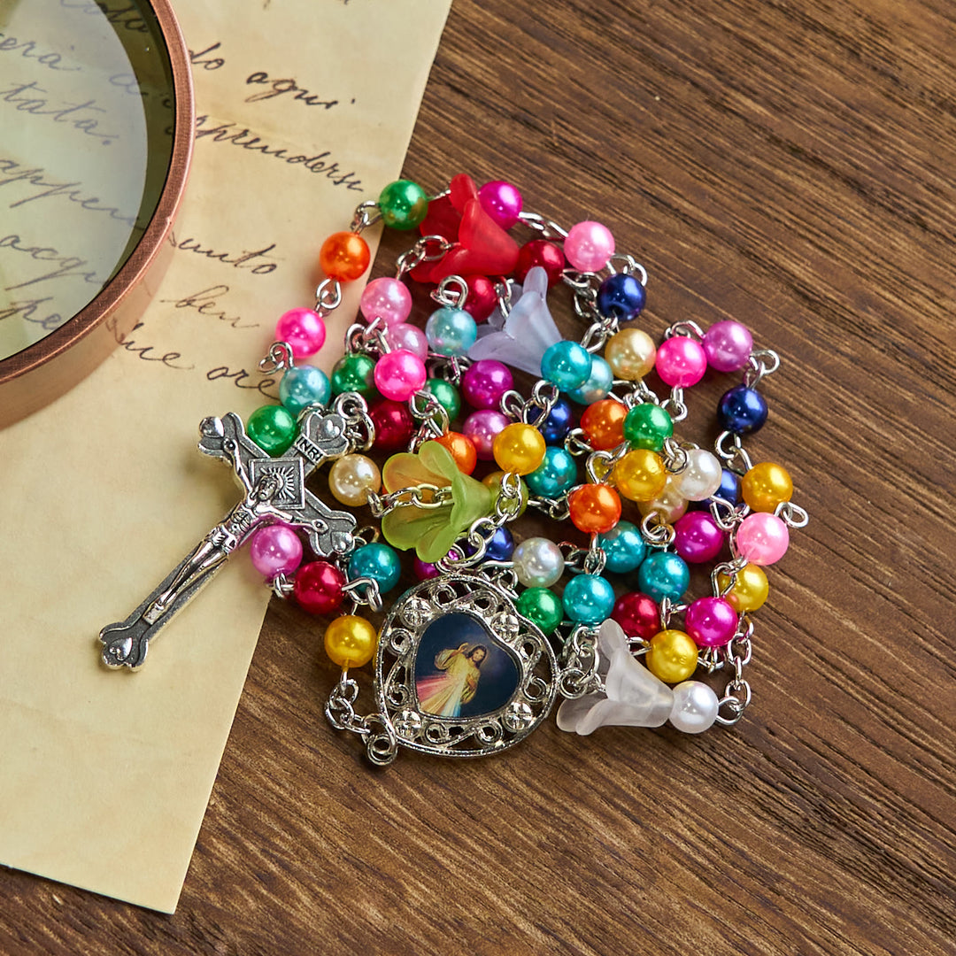 Christianartworkshop Artisan Vibrant Colorful Rainbow Beads Rosary with Divine Mercy Medal and Lily Accent