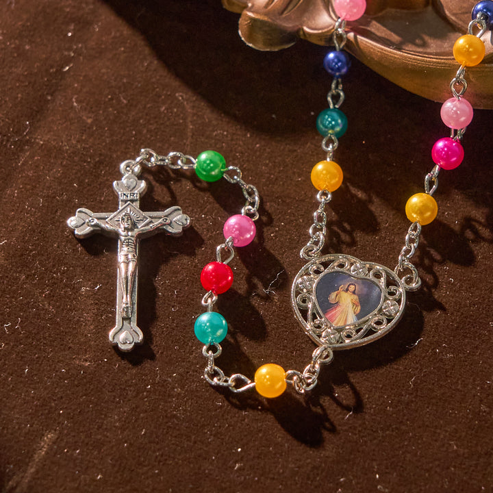 Christianartworkshop Artisan Vibrant Colorful Rainbow Beads Rosary with Divine Mercy Medal and Lily Accent