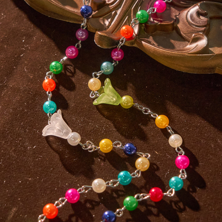 Christianartworkshop Artisan Vibrant Colorful Rainbow Beads Rosary with Divine Mercy Medal and Lily Accent