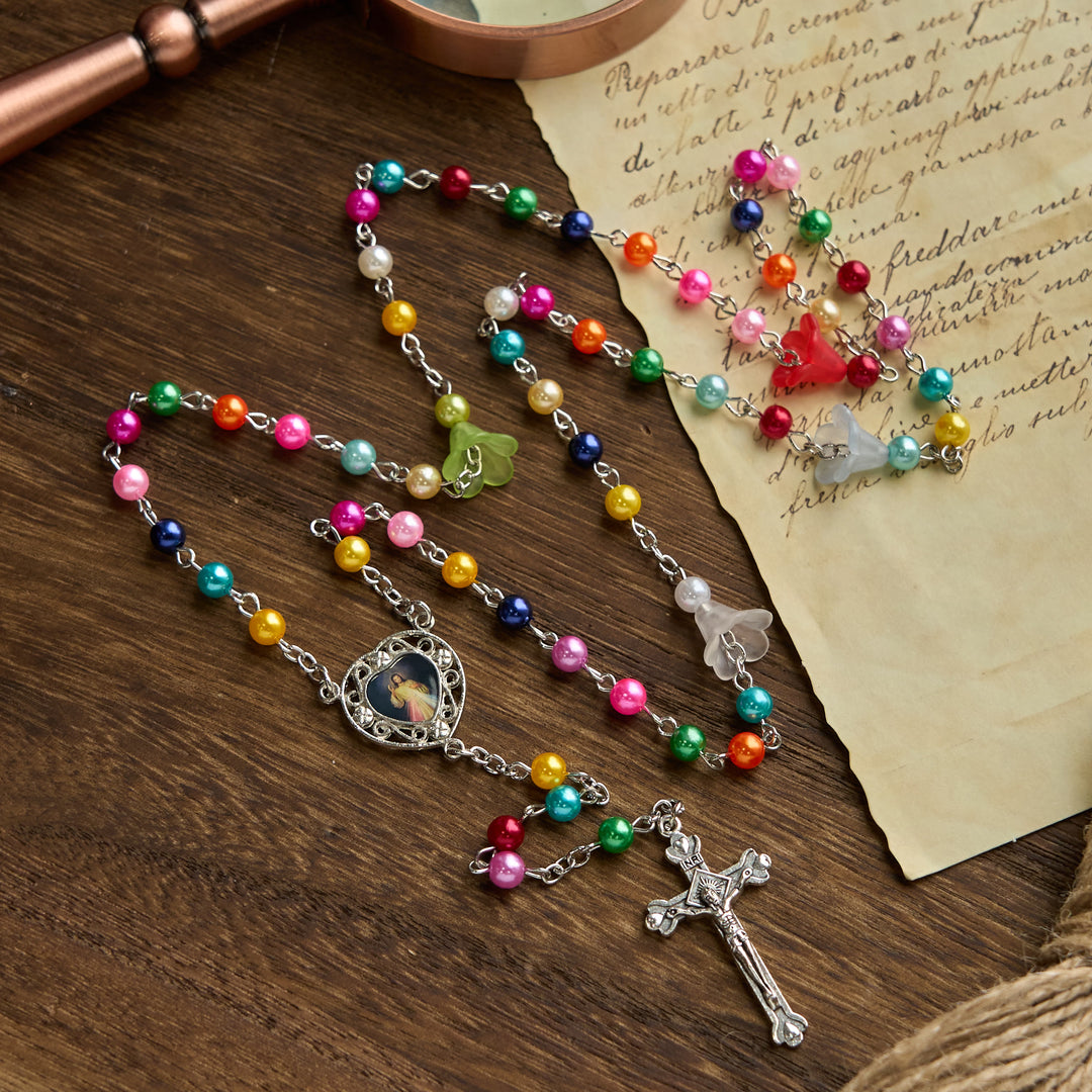 Christianartworkshop Artisan Vibrant Colorful Rainbow Beads Rosary with Divine Mercy Medal and Lily Accent