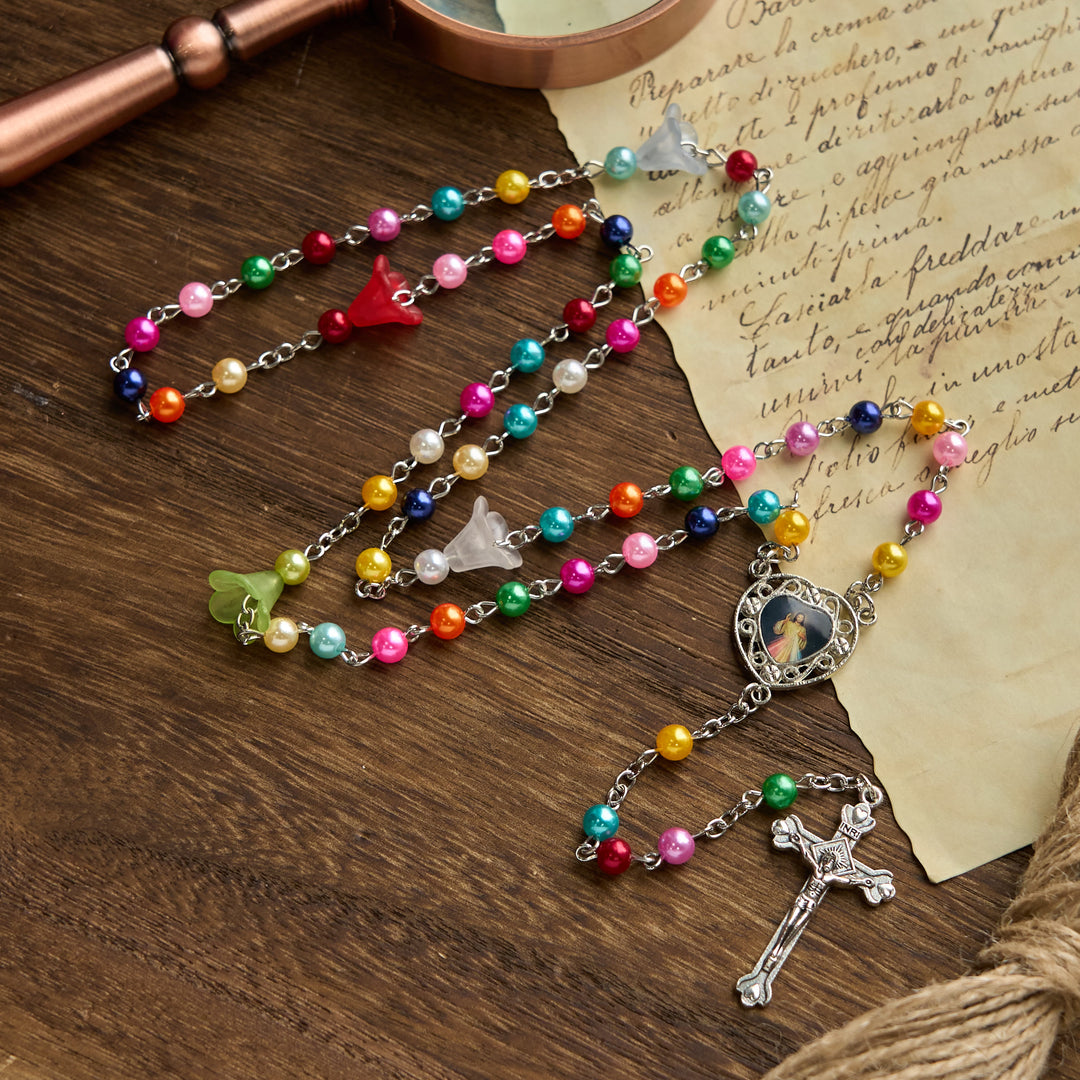 Christianartworkshop Artisan Vibrant Colorful Rainbow Beads Rosary with Divine Mercy Medal and Lily Accent