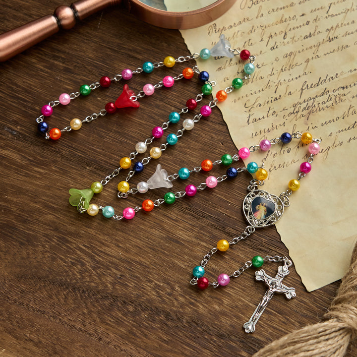 Christianartworkshop Artisan Vibrant Colorful Rainbow Beads Rosary with Divine Mercy Medal and Lily Accent