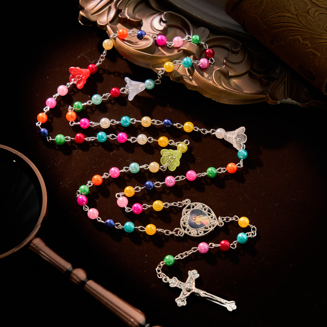 Christianartworkshop Artisan Vibrant Colorful Rainbow Beads Rosary with Divine Mercy Medal and Lily Accent