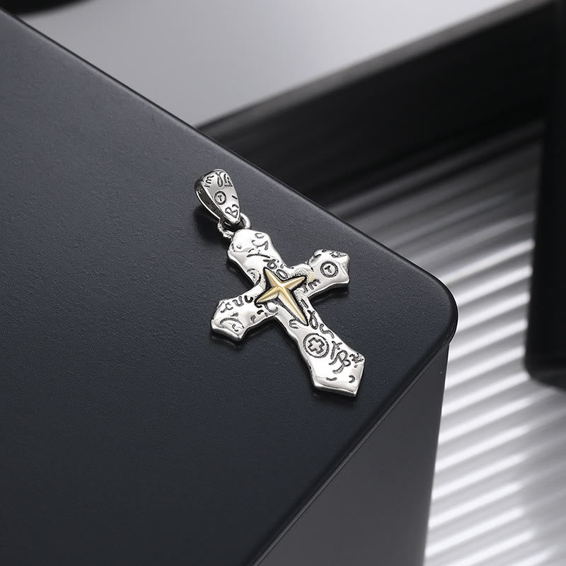 Christianartworkshop S925 Vintage Etched Cross Necklace with Spiritual Glyphs: Embrace the Spirit - Cross - image 1