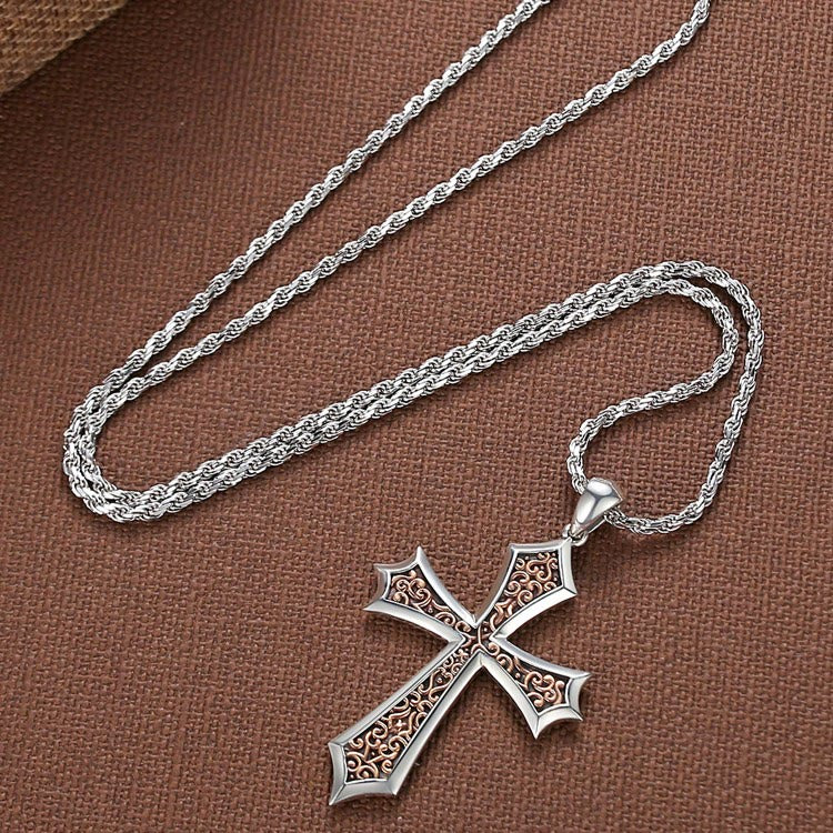 Christianartworkshop S925 Sharp Edge Cross Necklace with Vintage Amber Baroque Scroll Accents - image 2