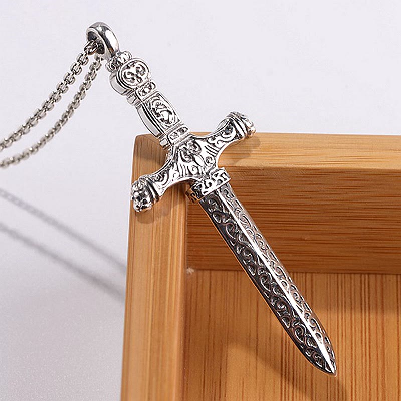 Christianartworkshop Vintage Sterling Silver Sword Cross Sacred Necklace with Medieval Etchings - S925 - image 1