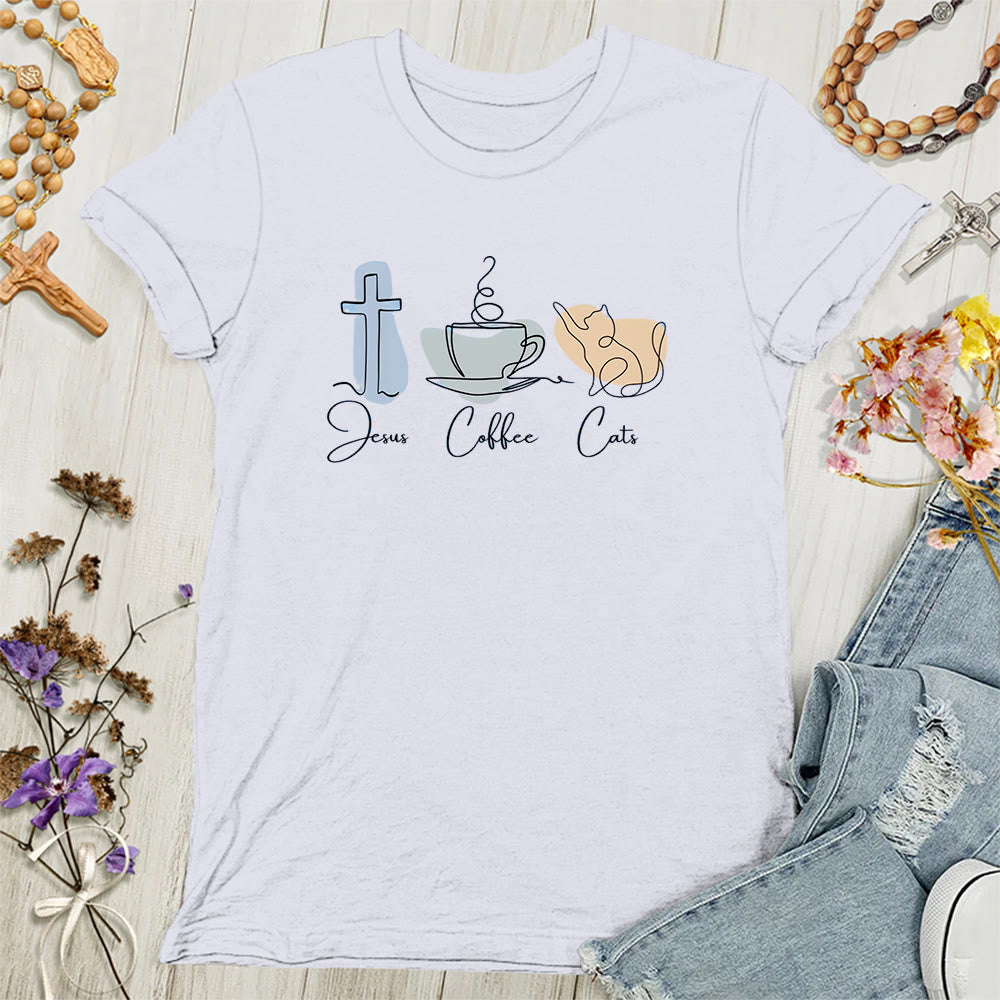 Christianartworkshop Jesus Coffee Cats Soft Christian Women's T-shirt - White - 4XL - image 1