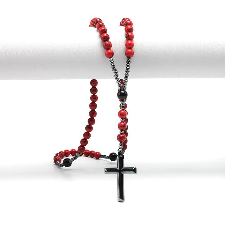 Christianartworkshop Natural Red Turquoise & Black Agate Rosary with Cross: For Faithful Prayer - image 3