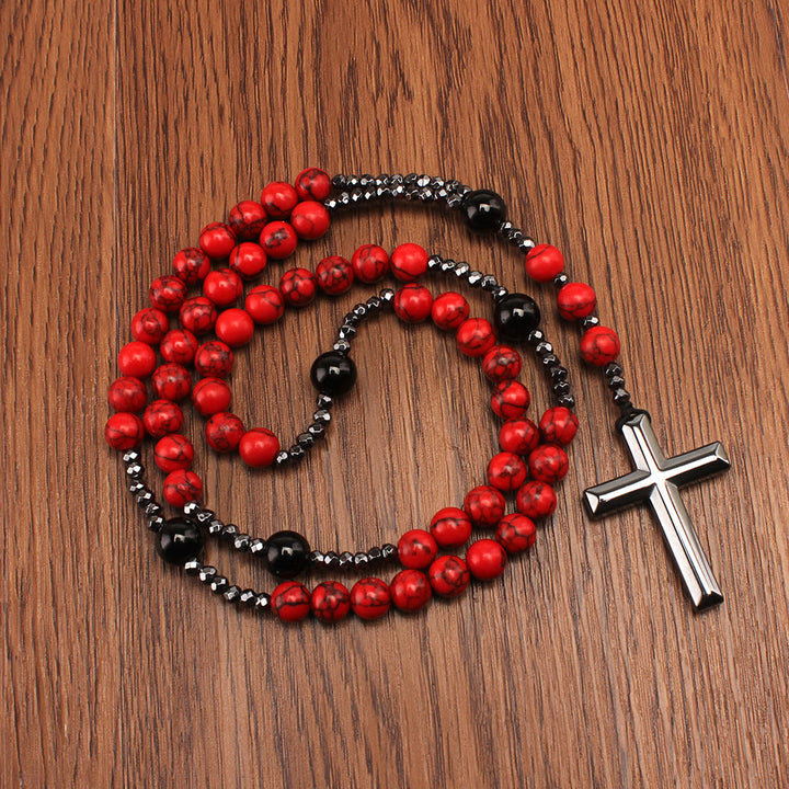 Christianartworkshop Natural Red Turquoise & Black Agate Rosary with Cross: For Faithful Prayer - Red - image 1