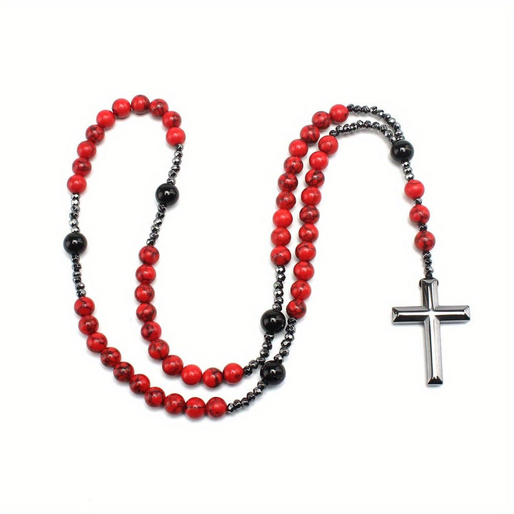 Christianartworkshop Natural Red Turquoise & Black Agate Rosary with Cross: For Faithful Prayer - image 8