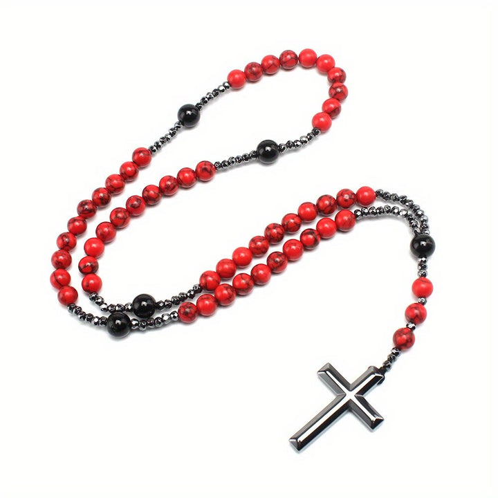 Christianartworkshop Natural Red Turquoise & Black Agate Rosary with Cross: For Faithful Prayer - image 7