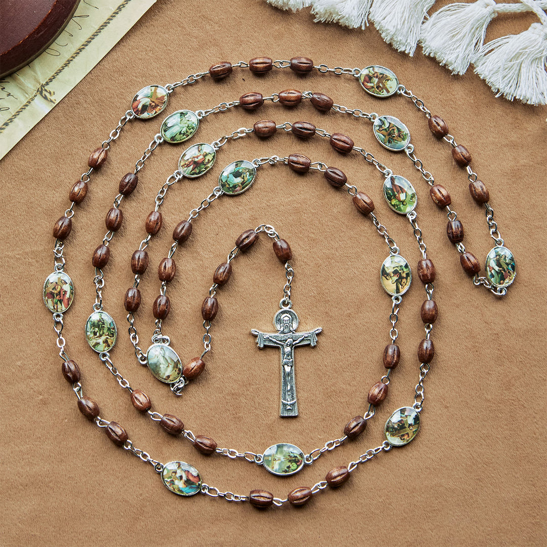 Christianartworkshop Vintage 15 Station Rosary with Natural Wooden Beads & Saint Portrait Charms - 15 station rosary - image 1