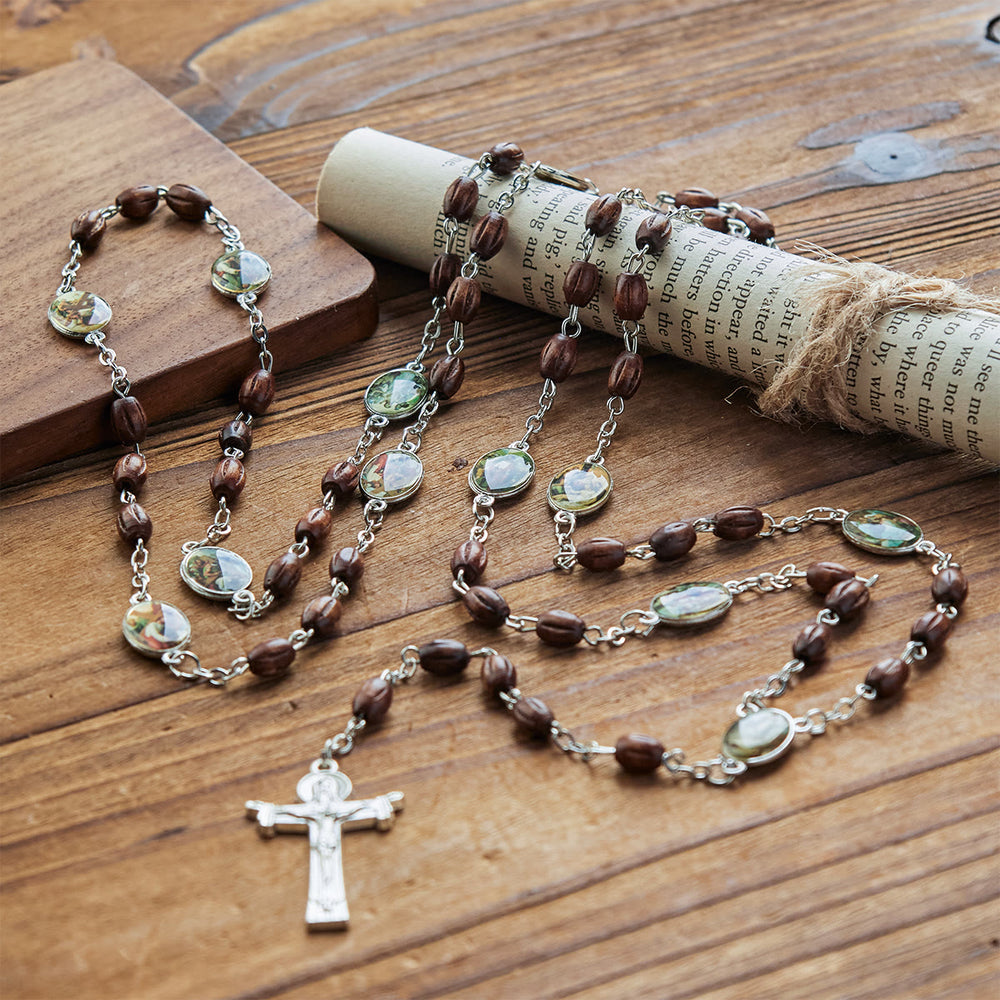 Christianartworkshop Vintage 15 Station Rosary with Natural Wooden Beads & Saint Portrait Charms - image 2