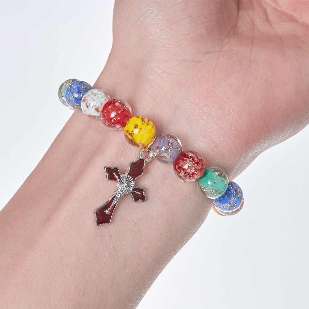 Christianartworkshop Colorful Glow-in-the-Dark Gold-Flecked Glass Bracelets with Crucifix - image 2