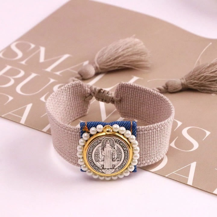 Christianartworkshop Protective St. Benedict Braided Bracelets with Colorful Woven Tassel Style - Brown - image 1