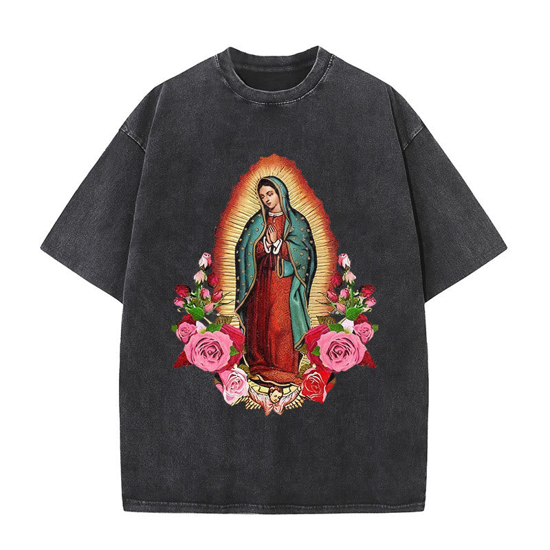 Christianartworkshop Vintage Our Lady of Guadalupe Floral Faith Unisex Washed T-Shirt - Black - 5XL - image 1