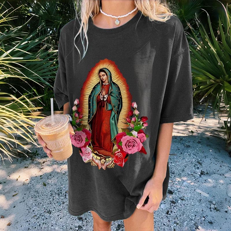 Christianartworkshop Vintage Our Lady of Guadalupe Floral Faith Unisex Washed T-Shirt - image 2