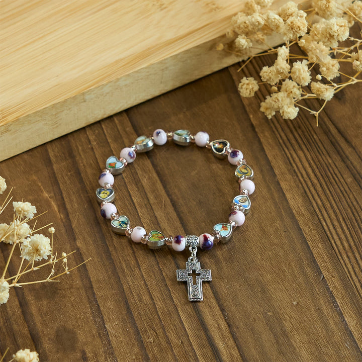 Christianartworkshop Colorful Glass & Ceramic Bead Bracelets with Cross and Saints Heart Charms - image 8
