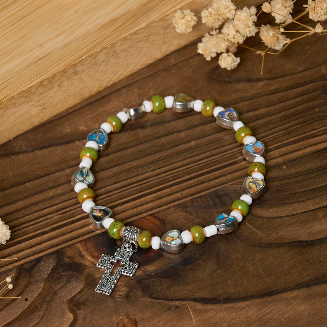 Christianartworkshop Colorful Glass & Ceramic Bead Bracelets with Cross and Saints Heart Charms - image 4